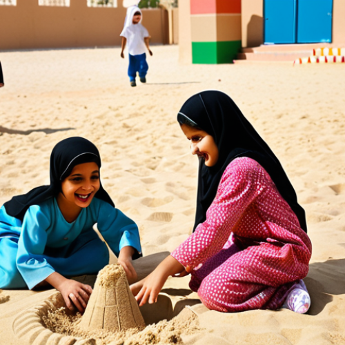 **Image Prompt:** Children joyfully playing together on a sunny school playground in the United Arab Emirates, with some parents participating in the activities like soccer and building sandcastles. Colorful traditional Emirati clothing is visible.