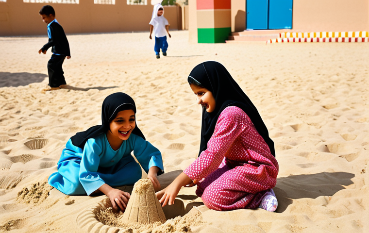 **Image Prompt:** Children joyfully playing together on a sunny school playground in the United Arab Emirates, with some parents participating in the activities like soccer and building sandcastles. Colorful traditional Emirati clothing is visible.