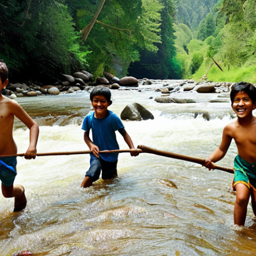 **Prompt 1:** A group of diverse children, inspired by the spirit of "Jadoo and his friends," enthusiastically engaged in a physical adventure. They are actively exploring a vibrant natural environment, perhaps carefully crossing a flowing river using simple, natural tools they found, emphasizing their joyful discovery and freedom from screens. Bright, natural lighting, realistic style.