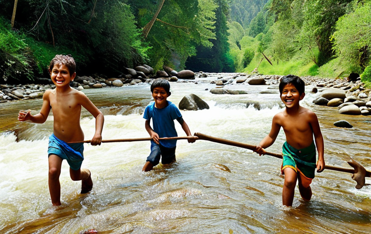 **Prompt 1:** A group of diverse children, inspired by the spirit of "Jadoo and his friends," enthusiastically engaged in a physical adventure. They are actively exploring a vibrant natural environment, perhaps carefully crossing a flowing river using simple, natural tools they found, emphasizing their joyful discovery and freedom from screens. Bright, natural lighting, realistic style.