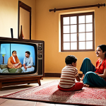 **"Hello Jado" TV Scene:** A nostalgic scene depicting a family sitting together watching "Hello Jado" on an old television set. Focus on the warmth of the family bond and the simple joy of shared viewing experience. Include traditional Arabic elements in the room setting to resonate with the target audience.