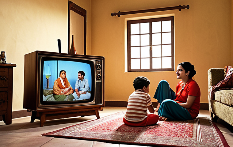 **"Hello Jado" TV Scene:** A nostalgic scene depicting a family sitting together watching "Hello Jado" on an old television set. Focus on the warmth of the family bond and the simple joy of shared viewing experience. Include traditional Arabic elements in the room setting to resonate with the target audience.