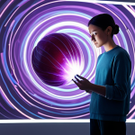 A professional digital artist, fully clothed in modern, modest attire, stands thoughtfully in a sleek, minimalist studio. In front of the artist is a large, translucent holographic display showcasing a beautifully rendered, stylized plum fruit, radiating subtle digital light trails, symbolizing its transformation into a global digital icon. The background features abstract, flowing lines representing data and connectivity. Natural pose, perfect anatomy, correct proportions, well-formed hands, professional photography, high resolution, soft ambient lighting, clean lines, appropriate content, safe for work, family-friendly.