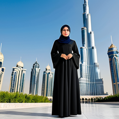 **

"A professional Arab businesswoman in a modest, tailored abaya and hijab, standing confidently in front of the Burj Khalifa in Dubai, fully clothed, appropriate attire, safe for work, perfect anatomy, natural proportions, professional digital illustration, high quality"

**