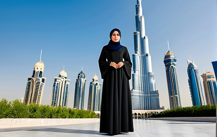 **

"A professional Arab businesswoman in a modest, tailored abaya and hijab, standing confidently in front of the Burj Khalifa in Dubai, fully clothed, appropriate attire, safe for work, perfect anatomy, natural proportions, professional digital illustration, high quality"

**