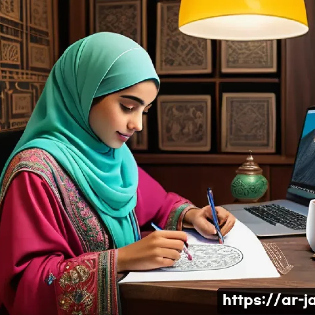 안녕자두야 팬아트 트렌드 - A vibrant digital art studio scene showing an Arab female artist using a graphic tablet with advance...