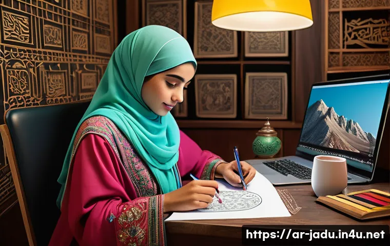 안녕자두야 팬아트 트렌드 - A vibrant digital art studio scene showing an Arab female artist using a graphic tablet with advance...