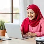 자두의 캐릭터 진화 과정 - A confident Middle Eastern woman in her early 30s, wearing modest business attire and a hijab, sitti...