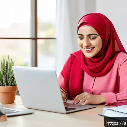 자두의 캐릭터 진화 과정 - A confident Middle Eastern woman in her early 30s, wearing modest business attire and a hijab, sitti...
