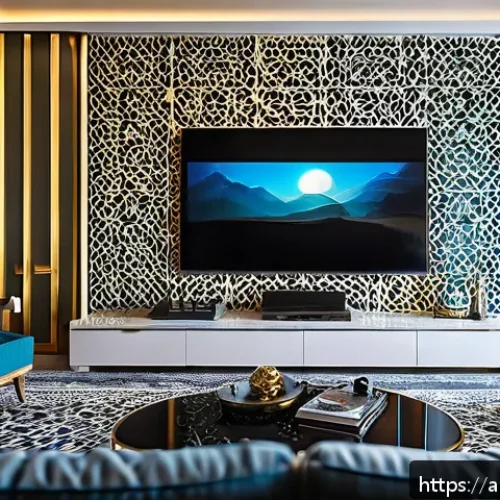 안녕자두야 DVD 및 블루레이 판매처 - A modern living room interior designed for an Arabic family, featuring a sleek Anjung Jadoo 4K Blu-r...