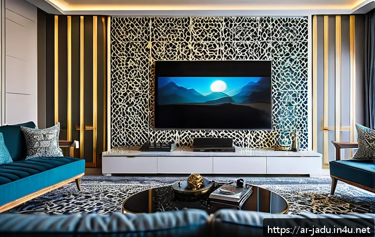 안녕자두야 DVD 및 블루레이 판매처 - A modern living room interior designed for an Arabic family, featuring a sleek Anjung Jadoo 4K Blu-r...