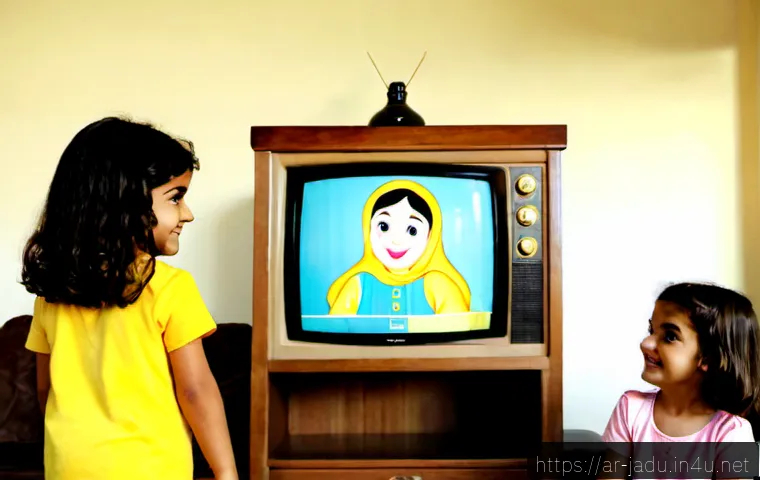 안녕자두야 애니메이션 방영 역사 - Photorealistic nostalgic living room in an Arab family home, an old CRT television displaying a colo...